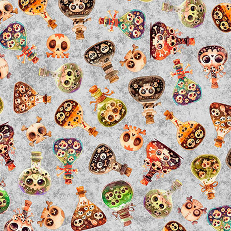 Textured gray fabric tossed with spooky skulls and toxic potions.