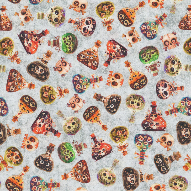Textured gray fabric tossed with spooky skulls and toxic potions.