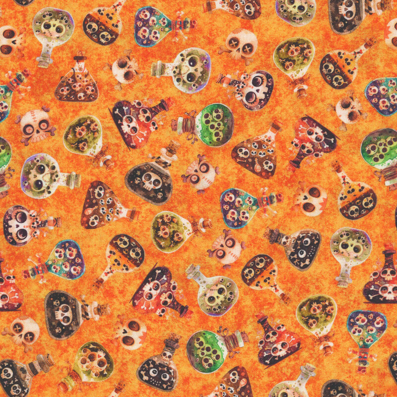 Textured orange fabric tossed with spooky skulls and toxic potions.