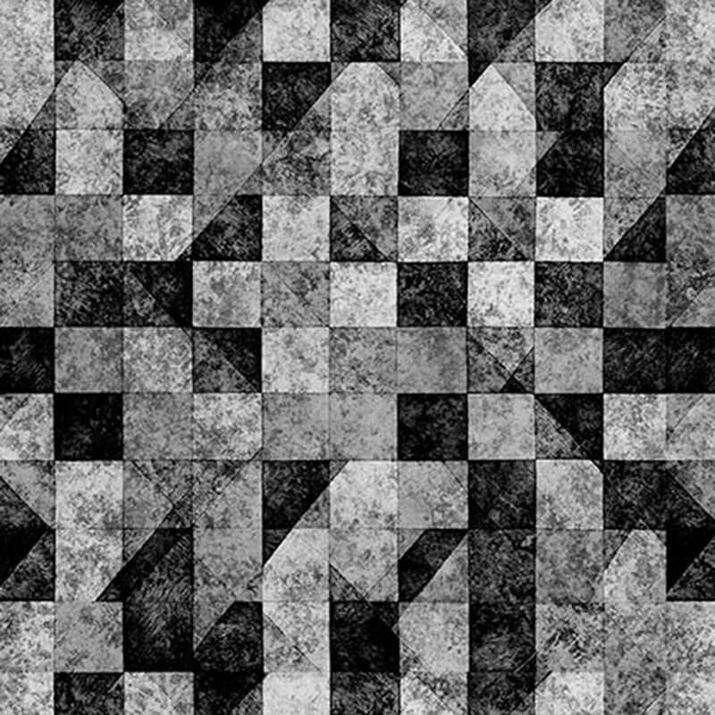 Textured gray and black fabric featuring a pattern of checkers and triangles.
