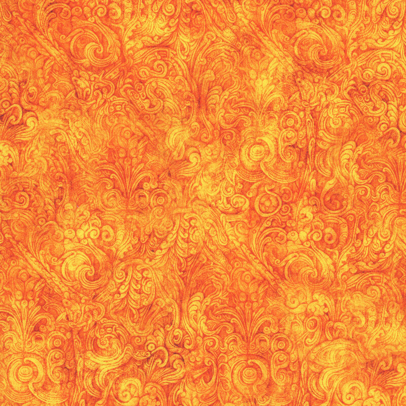 Abstract orange and yellow pattern with intricate swirling designs.