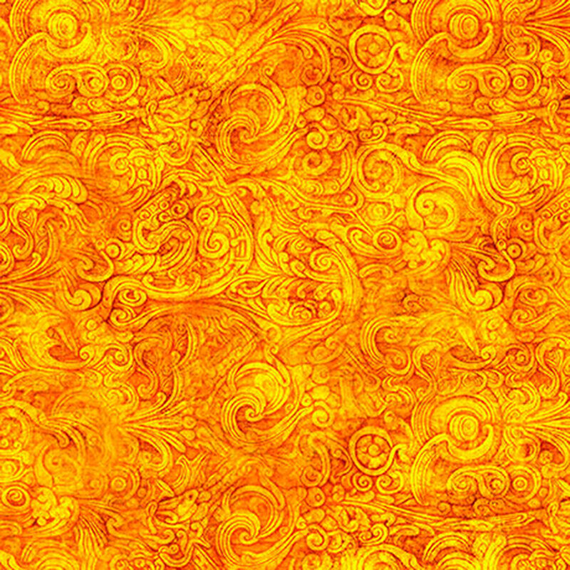 Abstract orange and yellow pattern with intricate swirling designs.