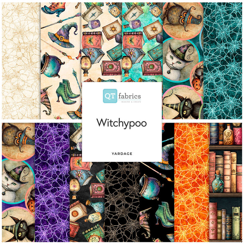 A collage of fabrics included in the Witchypoo collection with white, teal, purple, black, and orange with a Halloween theme.