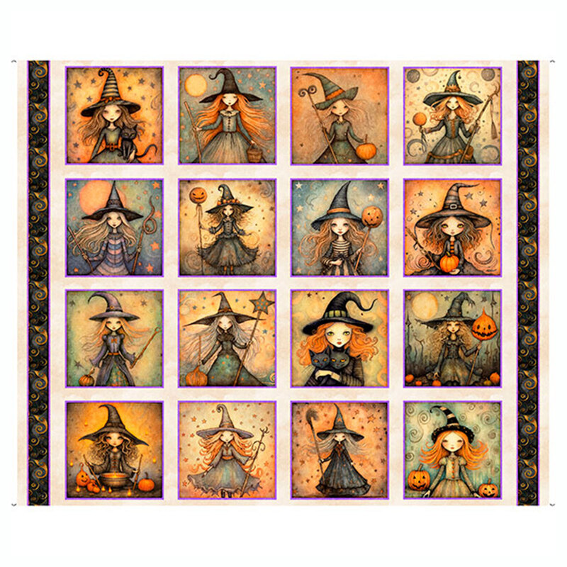 Tan panel fabric featuring picture panels of magical witches, pumpkins, and familiars.