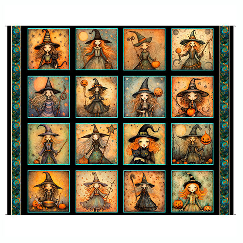 Black panel fabric featuring picture panels of magical witches, pumpkins, and familiars.