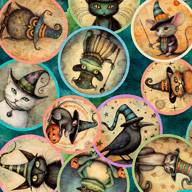 Mottled teal fabric featuring circular medallions of animal familiars dressed in Halloween-themed hats.