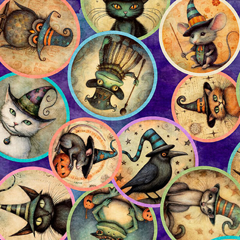 Mottled dark violet fabric featuring circular medallions of animal familiars dressed in Halloween-themed hats.