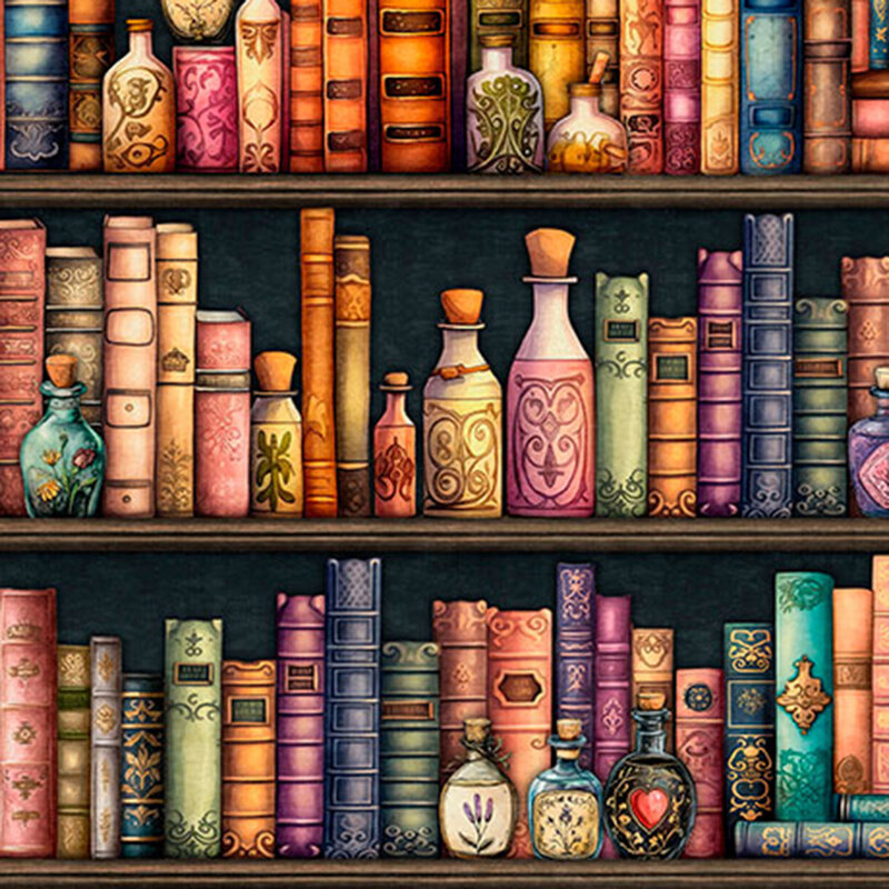 Black border stripe fabric featuring colorful texts and potion bottles on book shelves.
