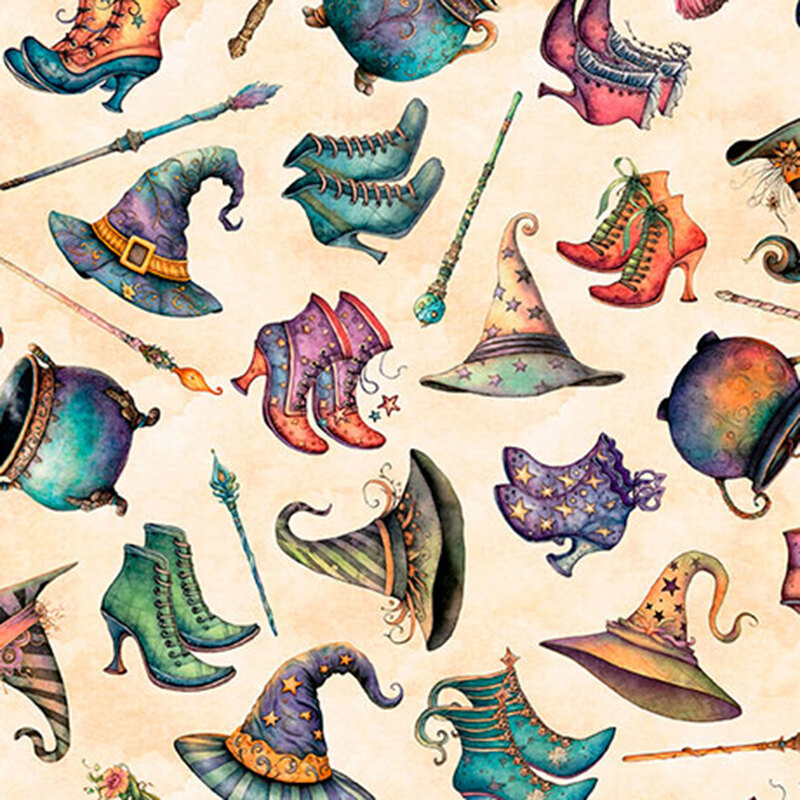 Mottled tan fabric tossed with pointed witch hats, high-healed boots, cauldrons, and wands.