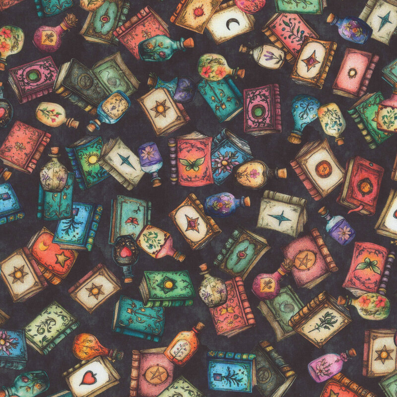 Pitch black fabric tossed with colorfully bound texts and potions bottles.