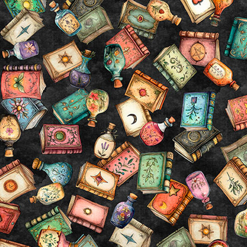 Pitch black fabric tossed with colorfully bound texts and potions bottles.