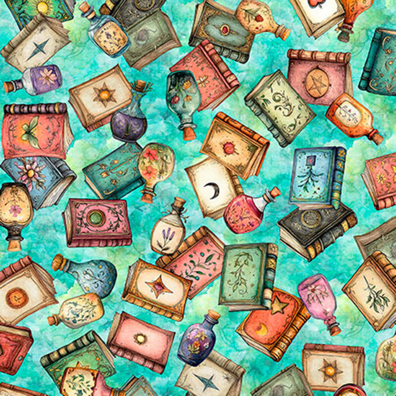 Mottled turquoise fabric tossed with colorfully bound texts and potions bottles.
