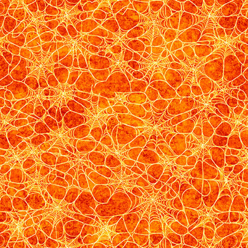 Mottled orange fabric covered in bright orange spider webs.