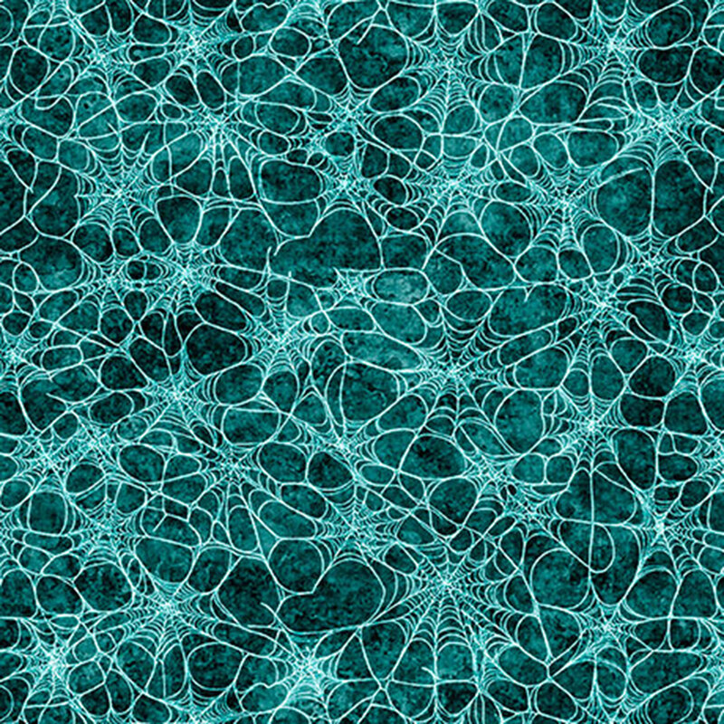 Mottled dark teal fabric covered in bright teal spider webs.