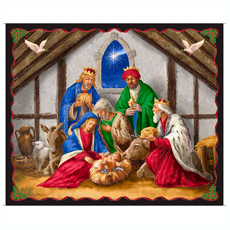 Black panel fabric featuring the classic nativity scene in a manger with the bright Star of Bethlehem shining through the window.
