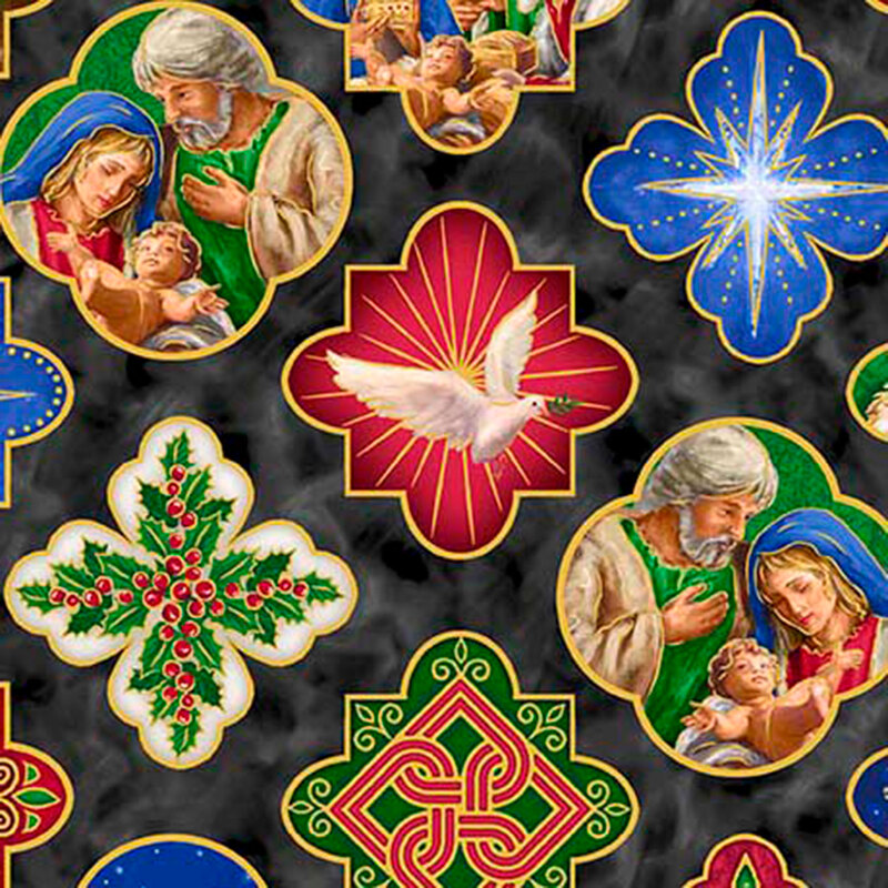 Mottled black fabric featuring medallions in red, blue, and green with doves, stars, and the Holy Family.
