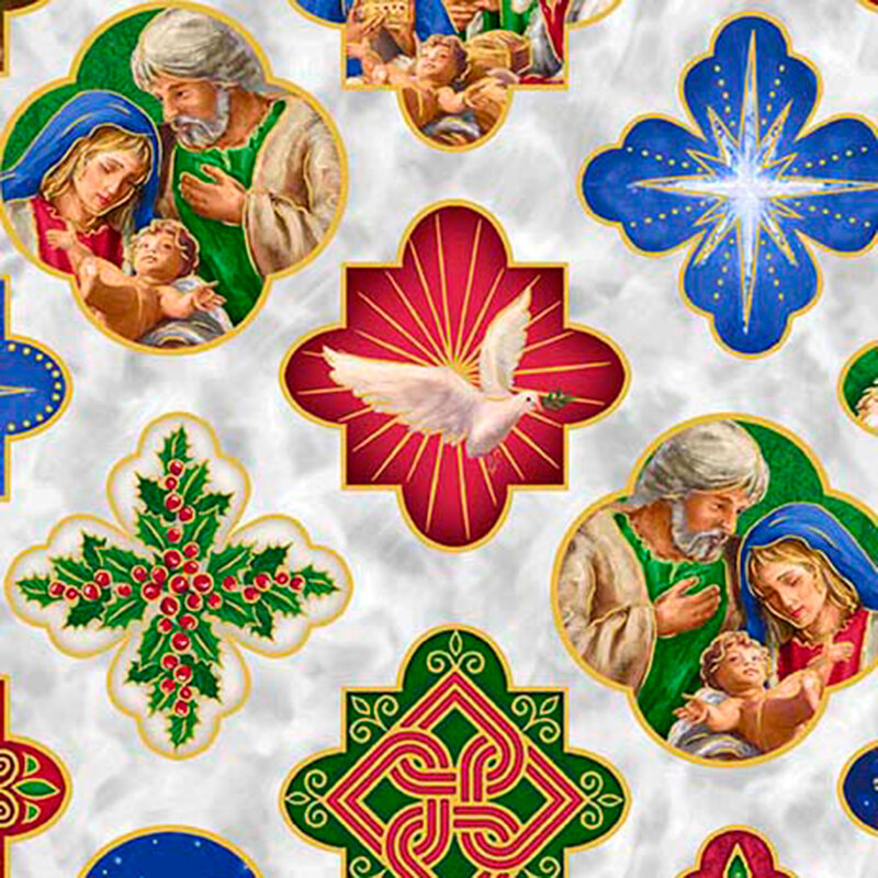 Mottled gray fabric featuring medallions in red, blue, and green with doves, stars, and the Holy Family.