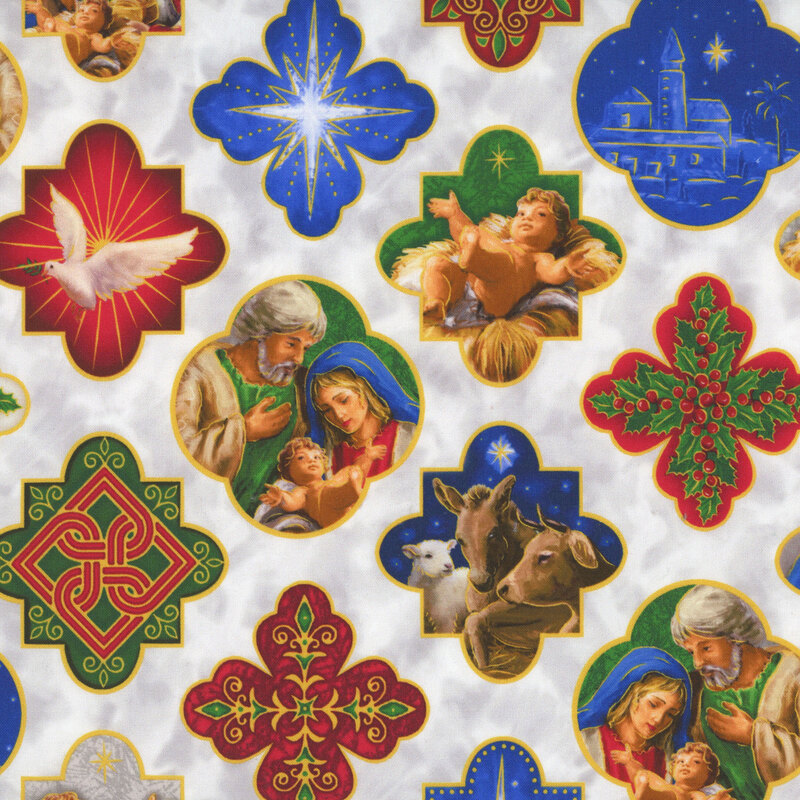 Mottled light gray fabric featuring medallions in red, blue, and green with doves, stars, and the Holy Family.