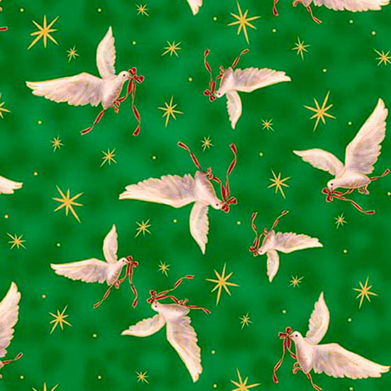Bright mottled green fabric tossed with gold stars and doves with red ribbons.