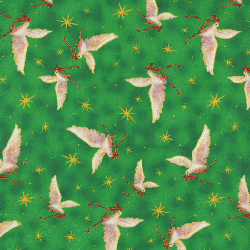 Bright mottled green fabric tossed with gold stars and doves with red ribbons.