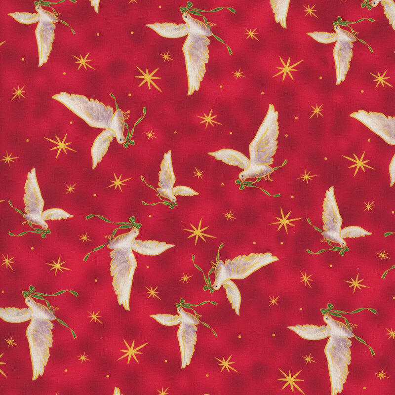 Mottled red fabric tossed with gold stars and doves with green ribbons.