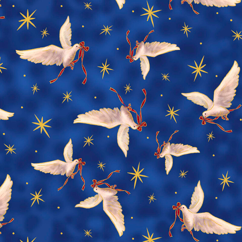 Bright mottled blue fabric tossed with gold stars and doves with red ribbons.