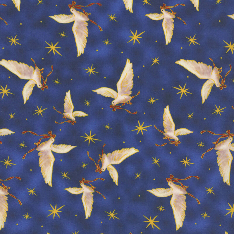 Mottled blue fabric tossed with gold stars and doves with red ribbons.