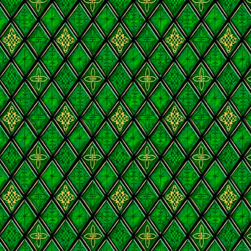 Green fabric with a diamond lattice design of geometric stained glass.