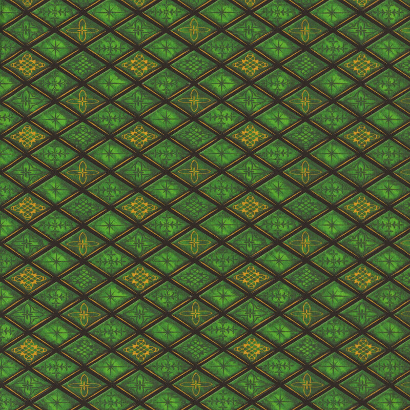 Green fabric with a diamond lattice design of geometric stained glass.