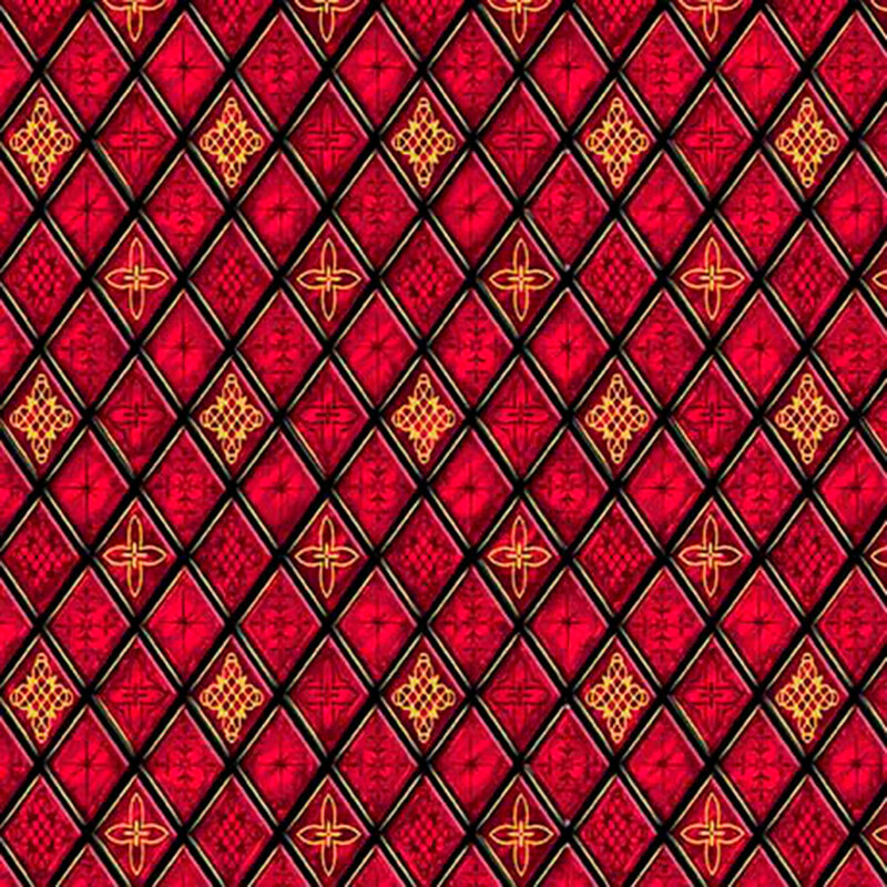 Red fabric with a diamond lattice design of geometric stained glass.