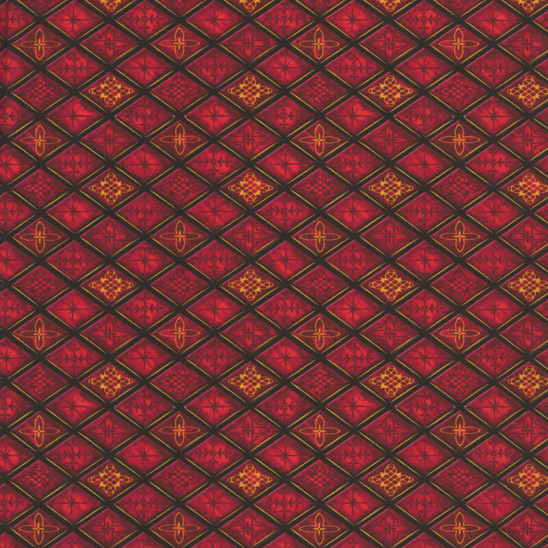 Red fabric with a diamond lattice design of geometric stained glass.