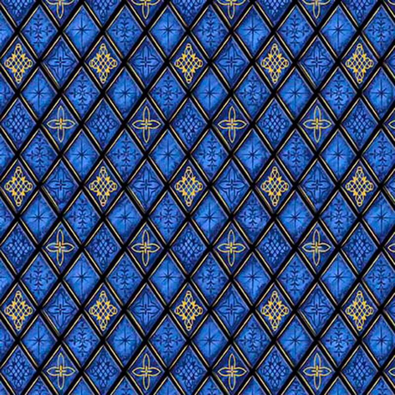 Blue fabric with a diamond lattice design of geometric stained glass.
