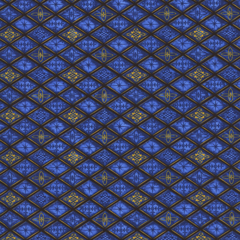 Blue fabric with a diamond lattice design of geometric stained glass.