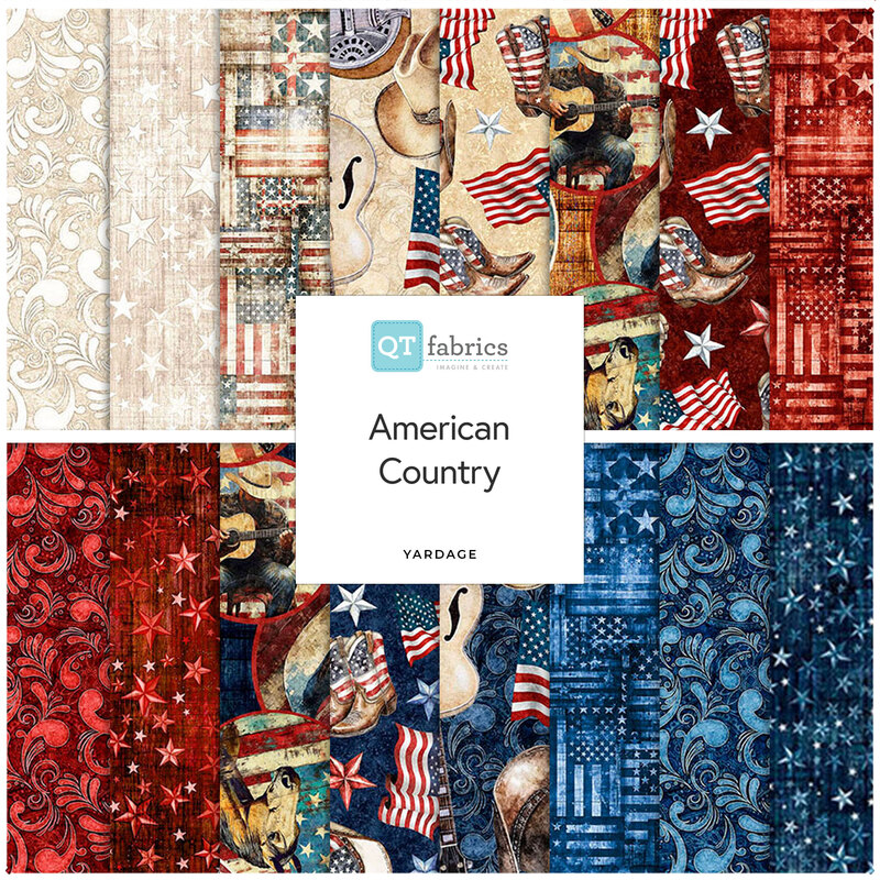 A collage of fabrics included in the American Country collection with white, red, and blue with a Patriotic theme.