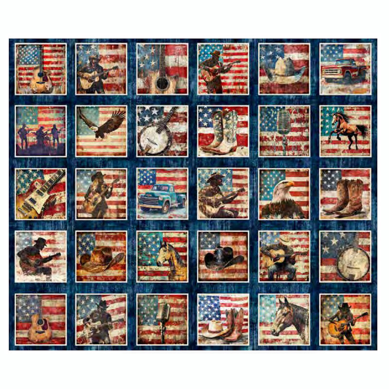 Textured navy blue panel featuring picture panels of hometown Americana including US flags, horses, boots, eagles, and country music memorabilia.