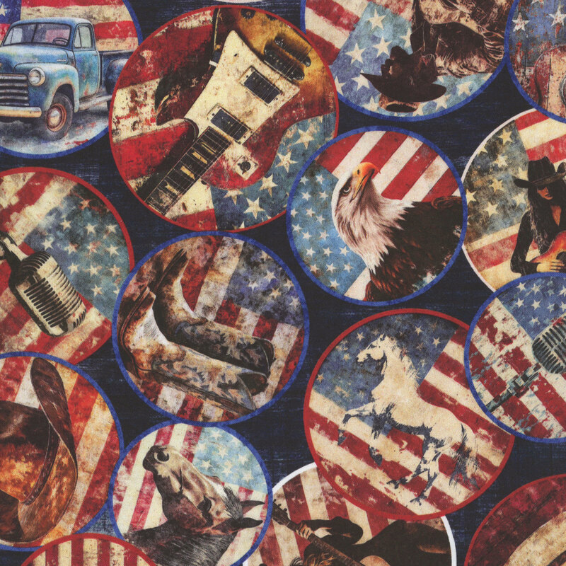 Textured navy blue fabric featuring circular pictures of country music, horses, and trucks on American flag backgrounds.