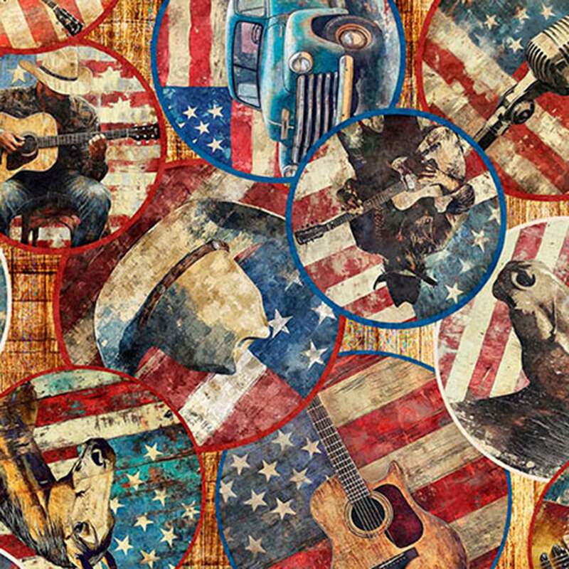 Textured rustic brown fabric featuring circular pictures of country music, horses, and trucks on American flag backgrounds.