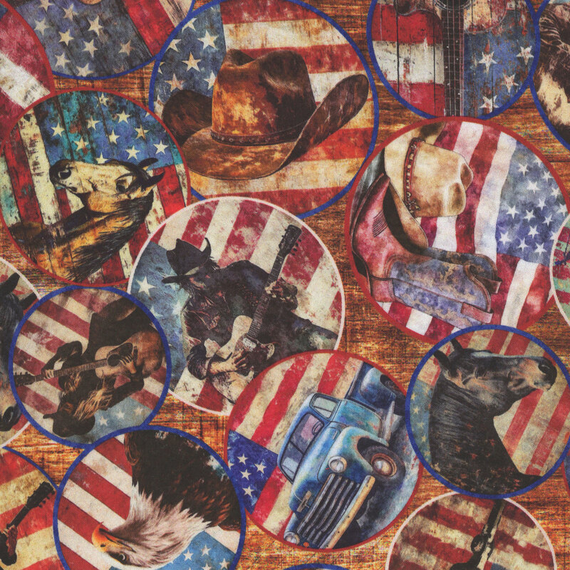 Textured rustic brown fabric featuring circular pictures of country music, horses, and trucks on American flag backgrounds.