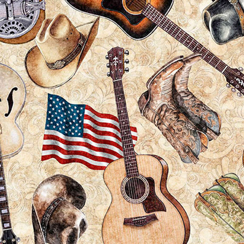 Textured tan fabric tossed with a country music motif of cowboy boots, guitars, hats, and American flags.