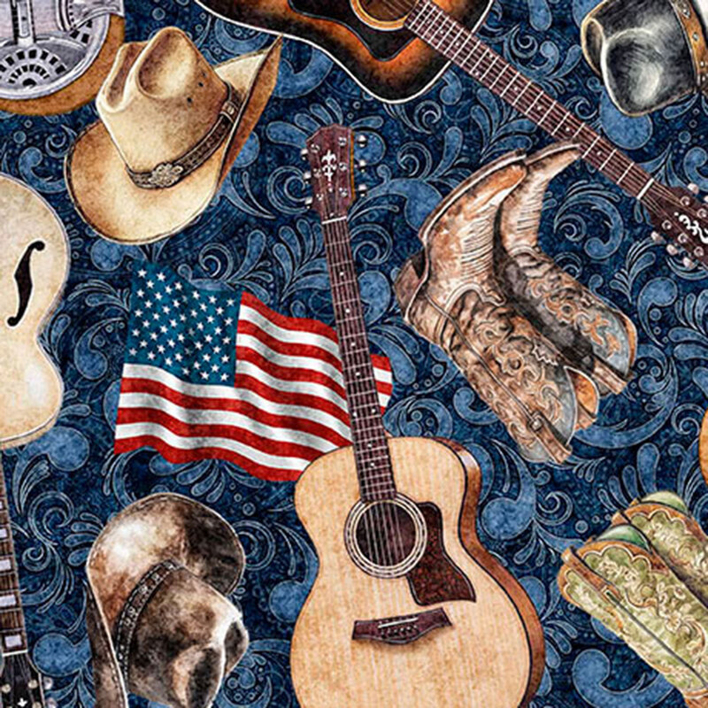 Textured navy blue fabric tossed with a country music motif of cowboy boots, guitars, hats, and American flags.