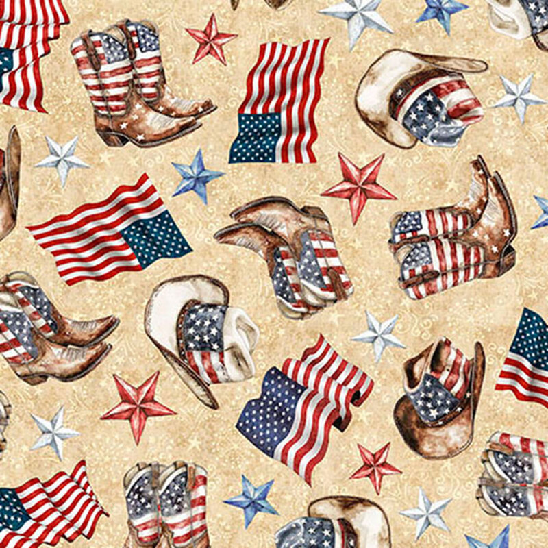 Textured tan fabric tossed with Americana-themed memorabilia of cowboy hats, boots, stars, and flags.
