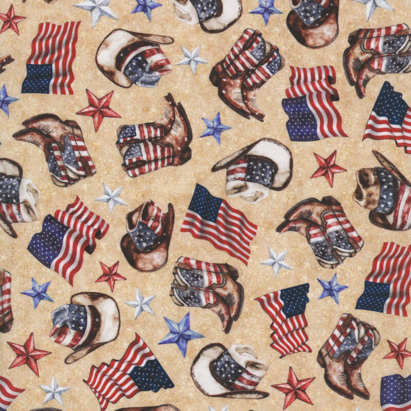 Textured tan fabric tossed with Americana-themed memorabilia of cowboy hats, boots, stars, and flags.