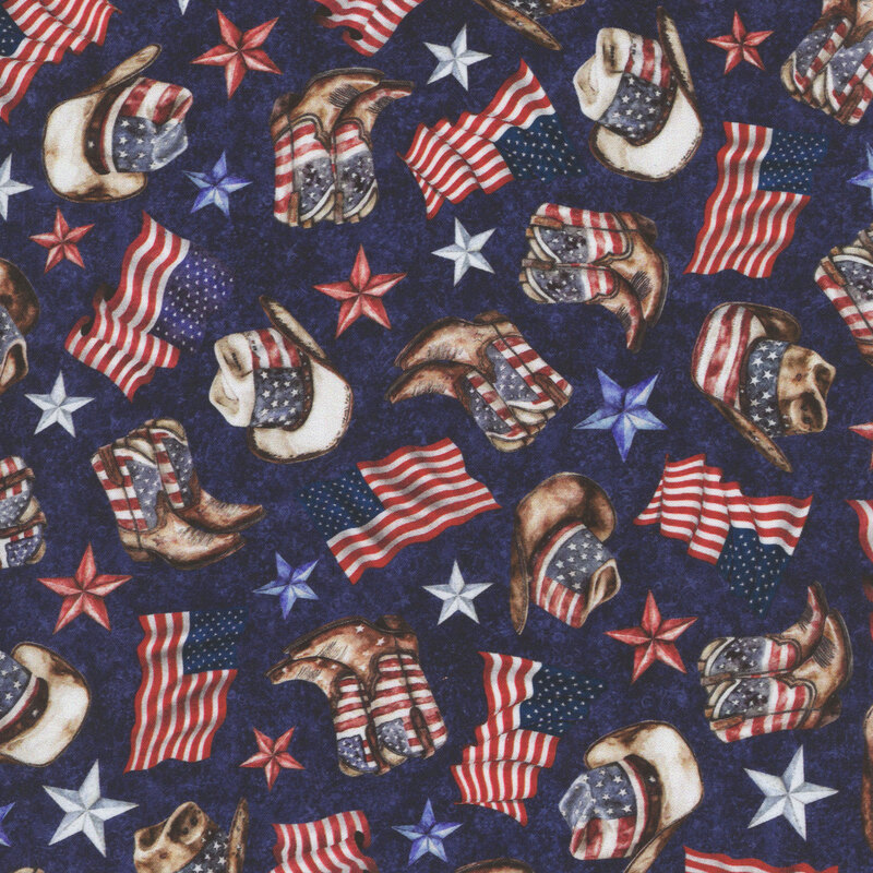 Textured navy blue fabric tossed with Americana-themed memorabilia of cowboy hats, boots, stars, and flags.