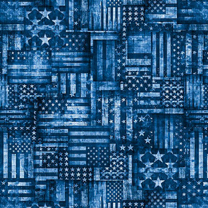 Mottled and textured navy blue fabric covered in tonal American flags.