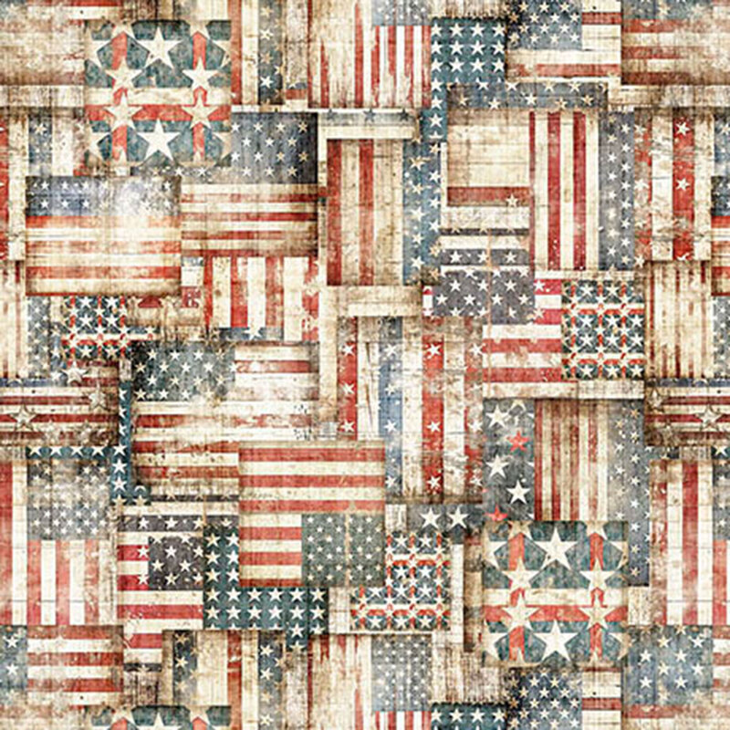 Mottled and textured tan fabric covered in red, white, and blue American flags.