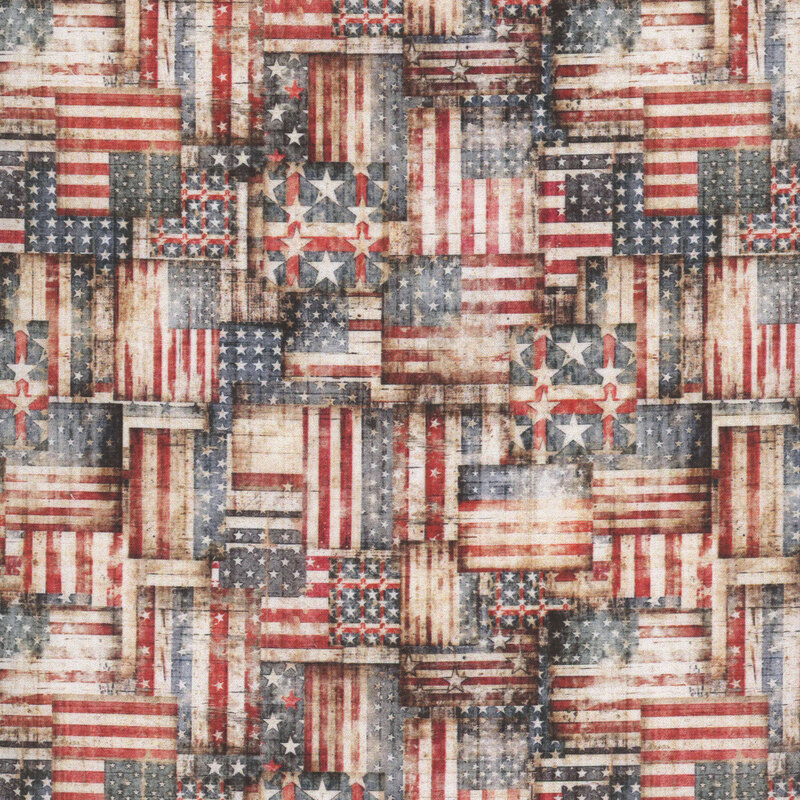 Mottled and textured tan fabric covered in red, white, and blue American flags.