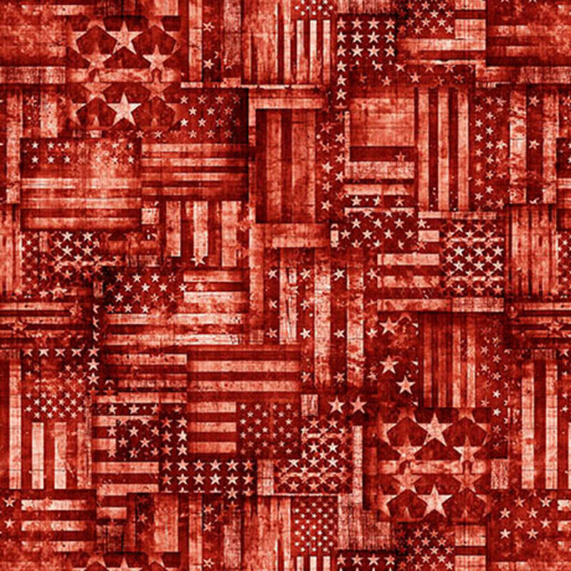 Mottled and textured deep red fabric covered in tonal American flags.
