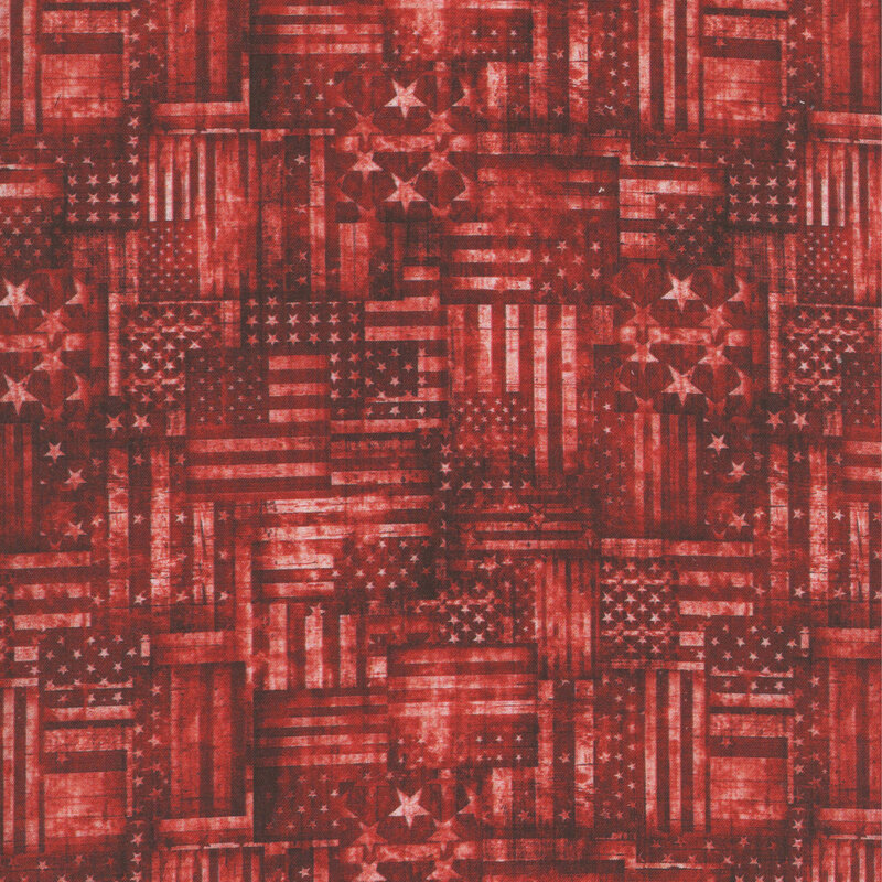 Mottled and textured deep red fabric covered in tonal American flags.