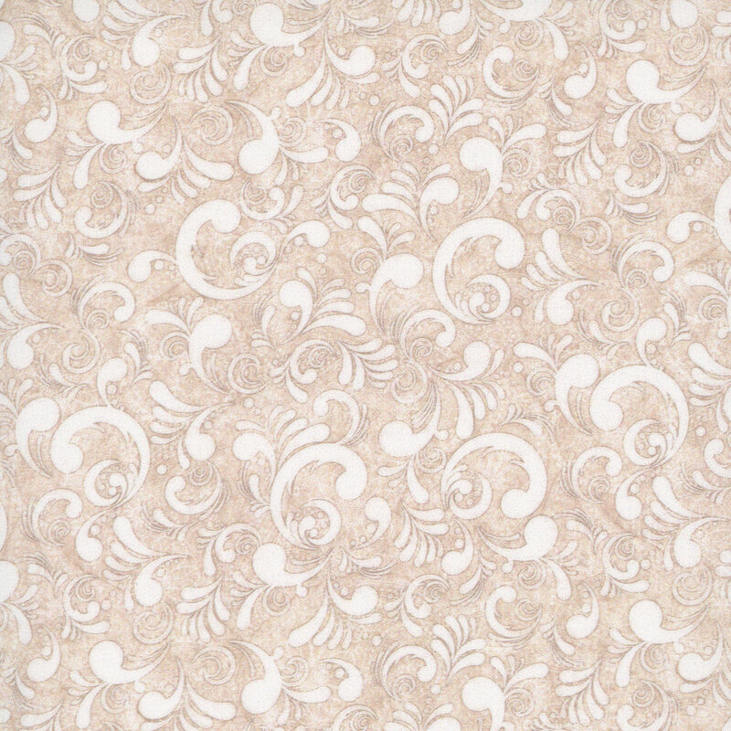 Textured beige fabric featuring white swirls.