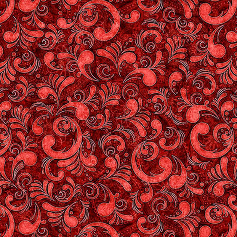 Textured deep red fabric with tonal swirls.